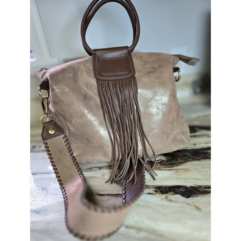 HOBO Taupe Metallic Leather Fringe Satchel Crossbody Velvet Hide Leather Western - Picture 5 of 16